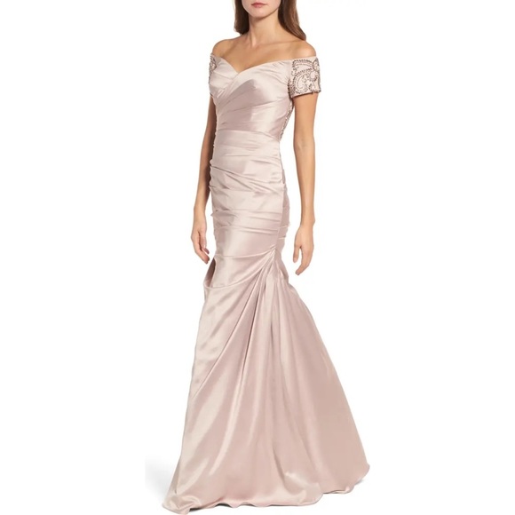La Femme Dresses & Skirts - La FEMME Off the Shoulder Beaded Satin Trumpet Gown ❤️IN STORES❤️